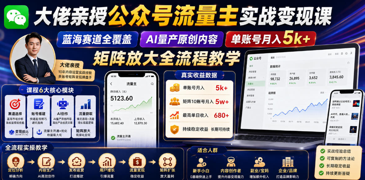 大佬亲授公众号流量主实战变现课,蓝海赛道全覆盖,AI量产原创内容,单账号月入5k+矩阵放大全流程教学-皮皮网创