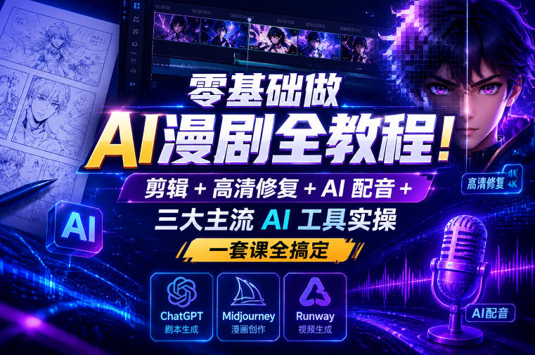 零基础做AI漫剧全教程!剪辑+高清修复+AI配音+三大主流AI工具实操,一套课全搞定-皮皮网创