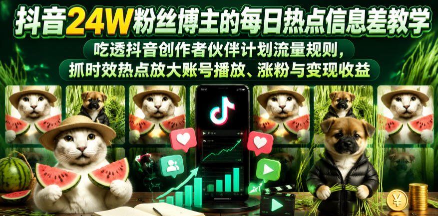 抖音24W粉丝博主的每日热点信息差教学,吃透创作者伙伴计划流量规则,抓时效热点放大账号播放、涨粉与变现收益(更新)-皮皮网创