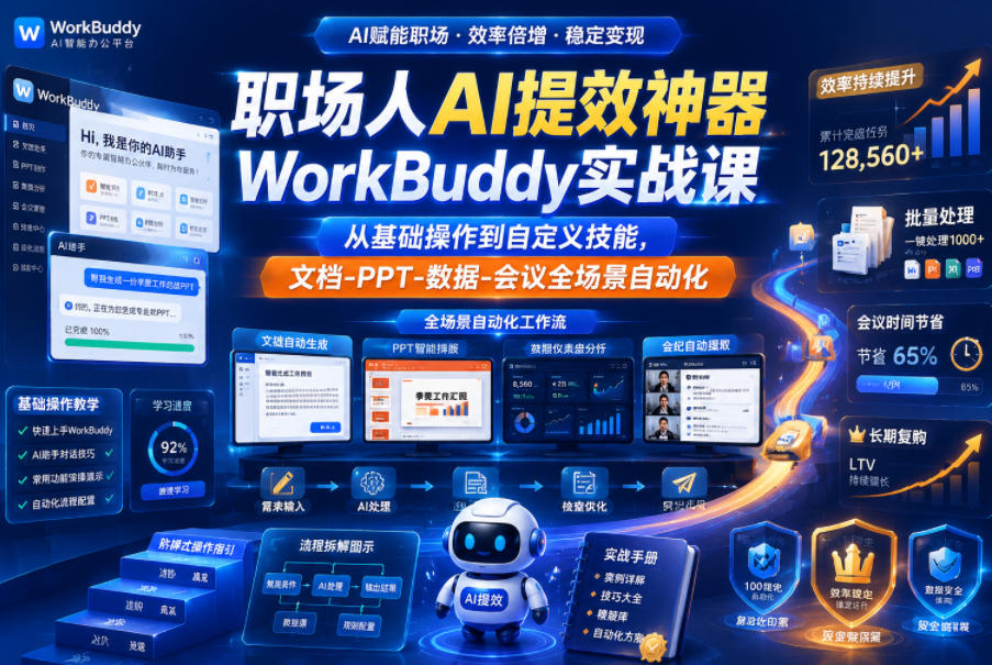 职场人AI提效神器WorkBuddy实战课,从基础操作到自定义技能,文档-PPT-数据-会议全场景自动化-皮皮网创