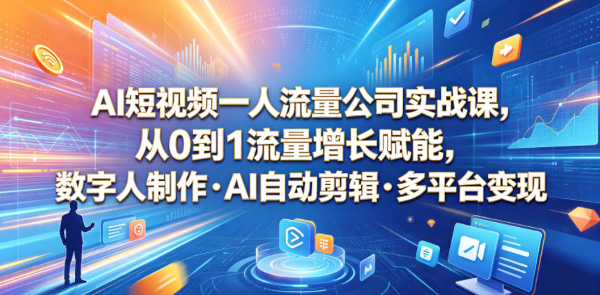 AI短视频一人流量公司实战课，从0到1流量增长赋能，数字人制作・AI自动剪辑・多平台变现，一人做流量生意全落地教程-皮皮网创