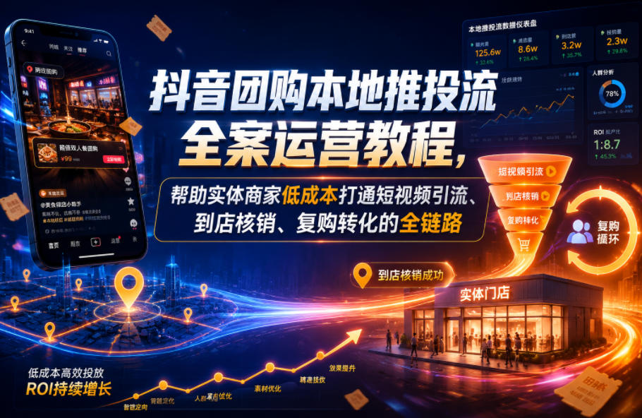 抖音团购本地推投流全案运营教程，帮助实体商家低成本打通短视频引流、到店核销、复购转化的全链路-皮皮网创