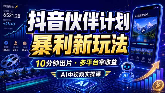 抖音伙伴计划最新玩法，无需配音剪辑，10分钟出一条原创视频，轻松日入三位数-皮皮网创