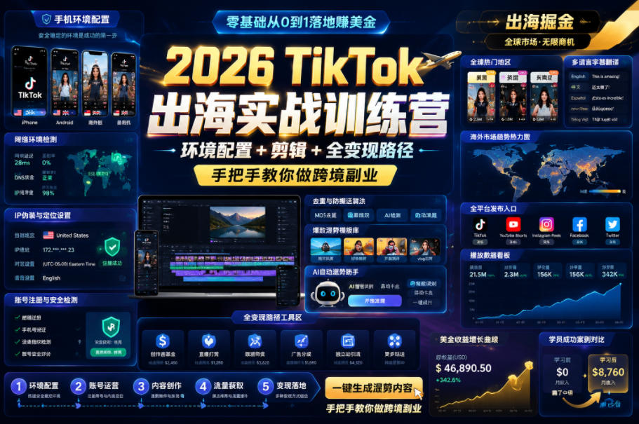 2026 TikTok出海实战训练营，环境配置 + 剪辑 + 全变现路径，手把手教你做跨境副业-皮皮网创