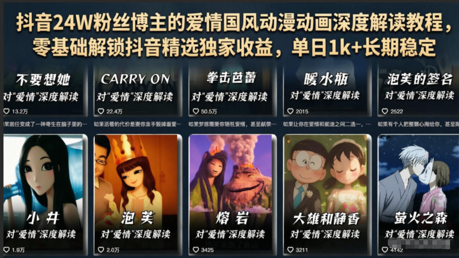 抖音24W粉丝博主的爱情国风动漫动画深度解读教程,零基础解锁抖音精选独家收益,单日1k+长期稳定-皮皮网创