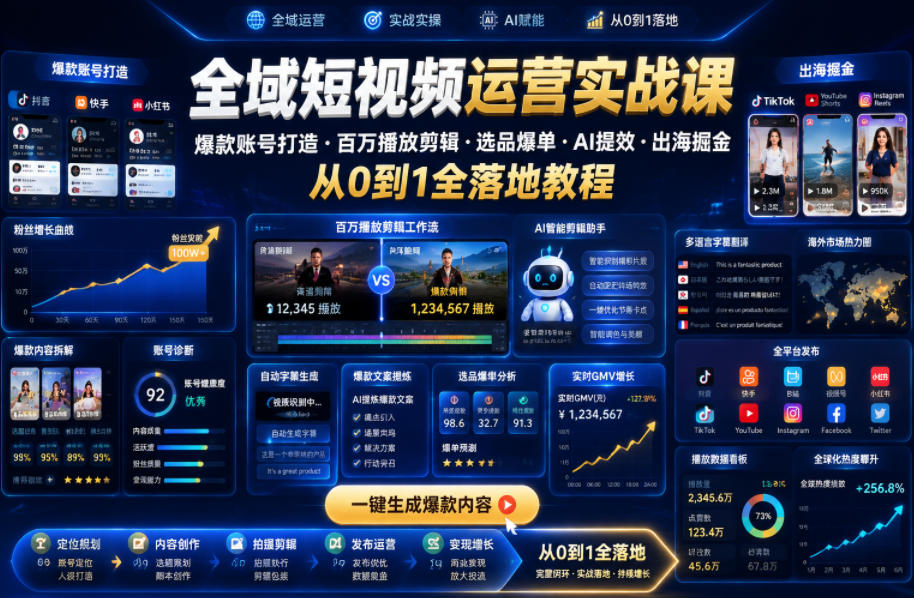 全域短视频运营实战课,爆款账号打造・百万播放剪辑・选品爆单・AI提效・出海掘金,从0到1全落地教程-皮皮网创