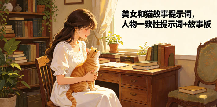 美女和猫故事提示词，人物一致性提示词+故事板-皮皮网创