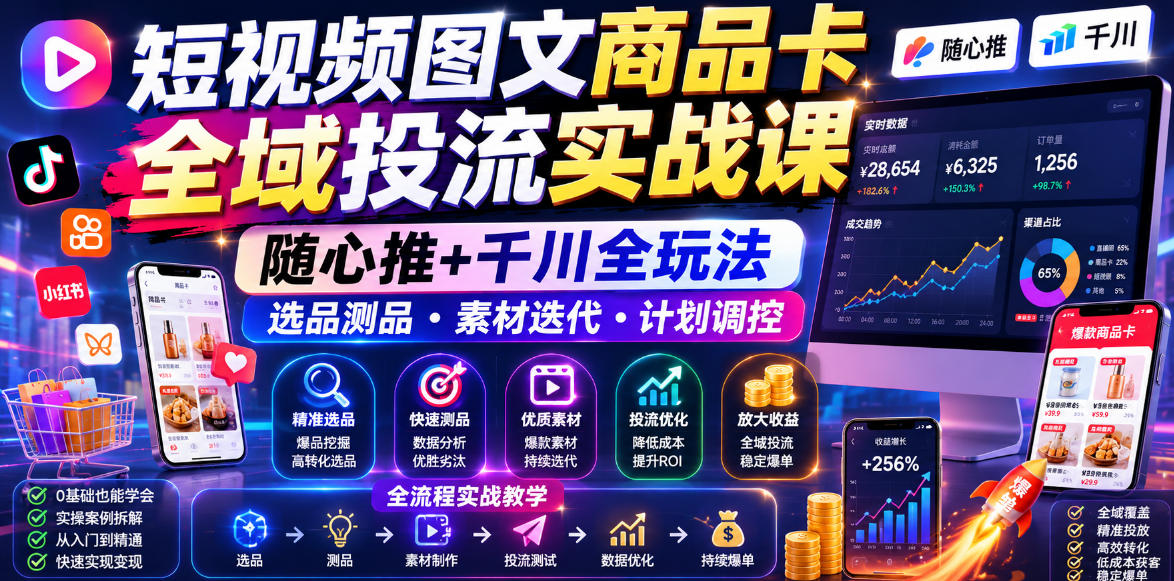 短视频图文商品卡全域投流实战课，随心推+千川全玩法，选品测品・素材迭代・计划调控，提升ROI爆单增收教程-皮皮网创