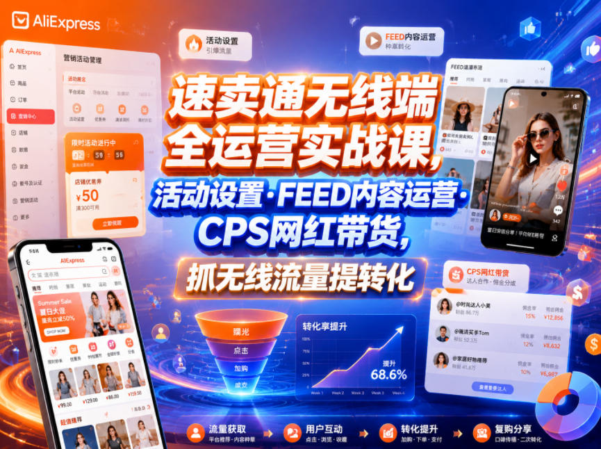 速卖通无线端全运营实战课，活动设置・FEED内容运营・CPS网红带货，抓无线流量提转化-皮皮网创