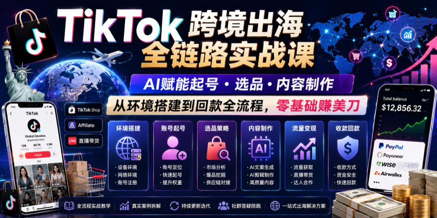 TikTok跨境出海全链路实战课,AI赋能起号・选品・内容制作,从环境搭建到回款全流程,零基础賺美刀-皮皮网创