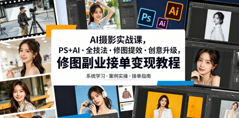 AI摄影实战课,PS+AI・全技法・修图提效・创意升级,修图副业接单变现教程-皮皮网创