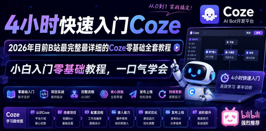 4小时快速入门Coze！2026年目前B站最完整最详细的Coze零基础全套教程，小白入门零基础教程，一口气学会！-皮皮网创