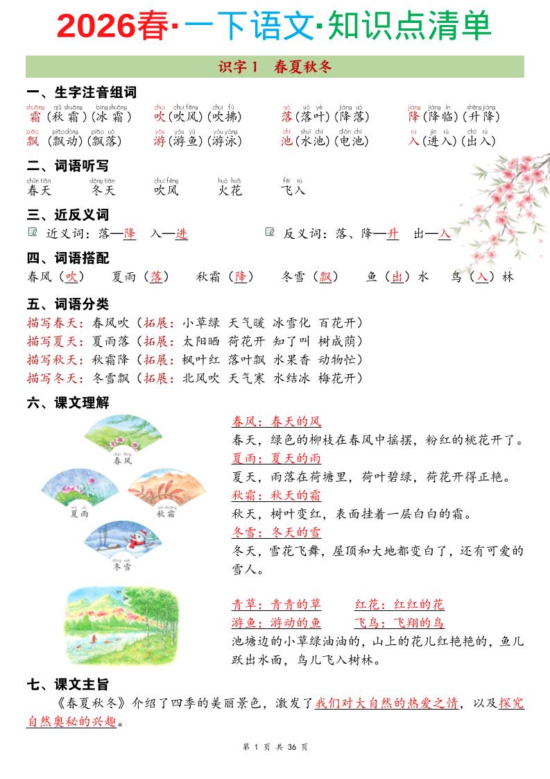 26春一年级下语文期末复习知识点清单-皮皮网创
