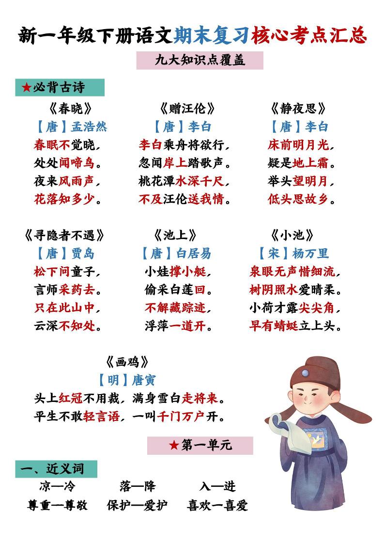 26春一年级下语文期末复习核心考点汇总-皮皮网创