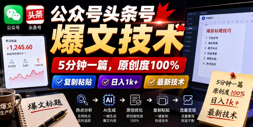 公众号头条号爆文技术，5分钟一篇，原创度100%，复制粘贴，日入1k+，最新技术【揭秘】-皮皮网创