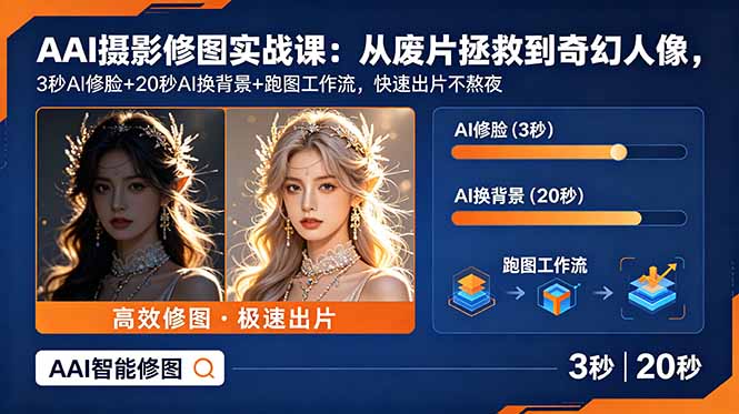 AI摄影修图实战课：从废片拯救 到 奇幻人像，3秒AI修脸+20秒AI换背景+跑图工作流，快速出片不熬夜-皮皮网创