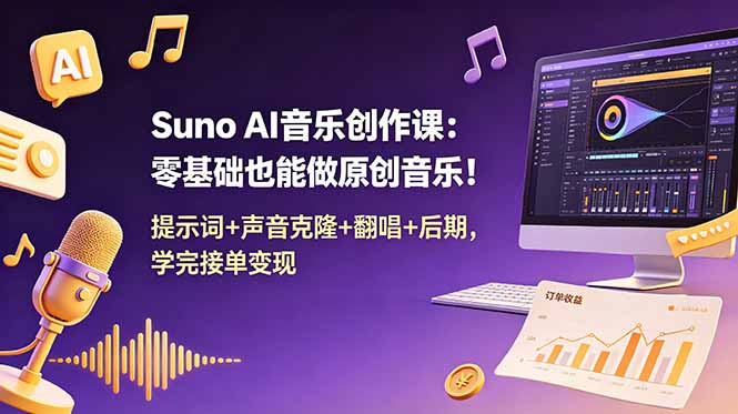 Suno AI音乐创作课:零基础也能做原创音乐!提示词+声音克隆+翻唱+后期,学完接单变现-皮皮网创