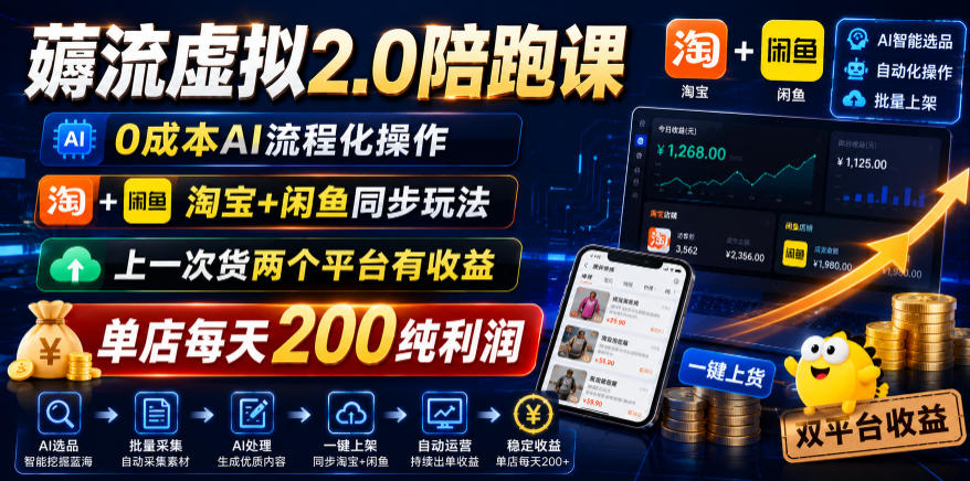 薅流虚拟2.0陪跑课,0成本AI流程化操作,淘宝+闲鱼同步玩法,上一次货两个平台有收益,单店每天200纯利润-皮皮网创