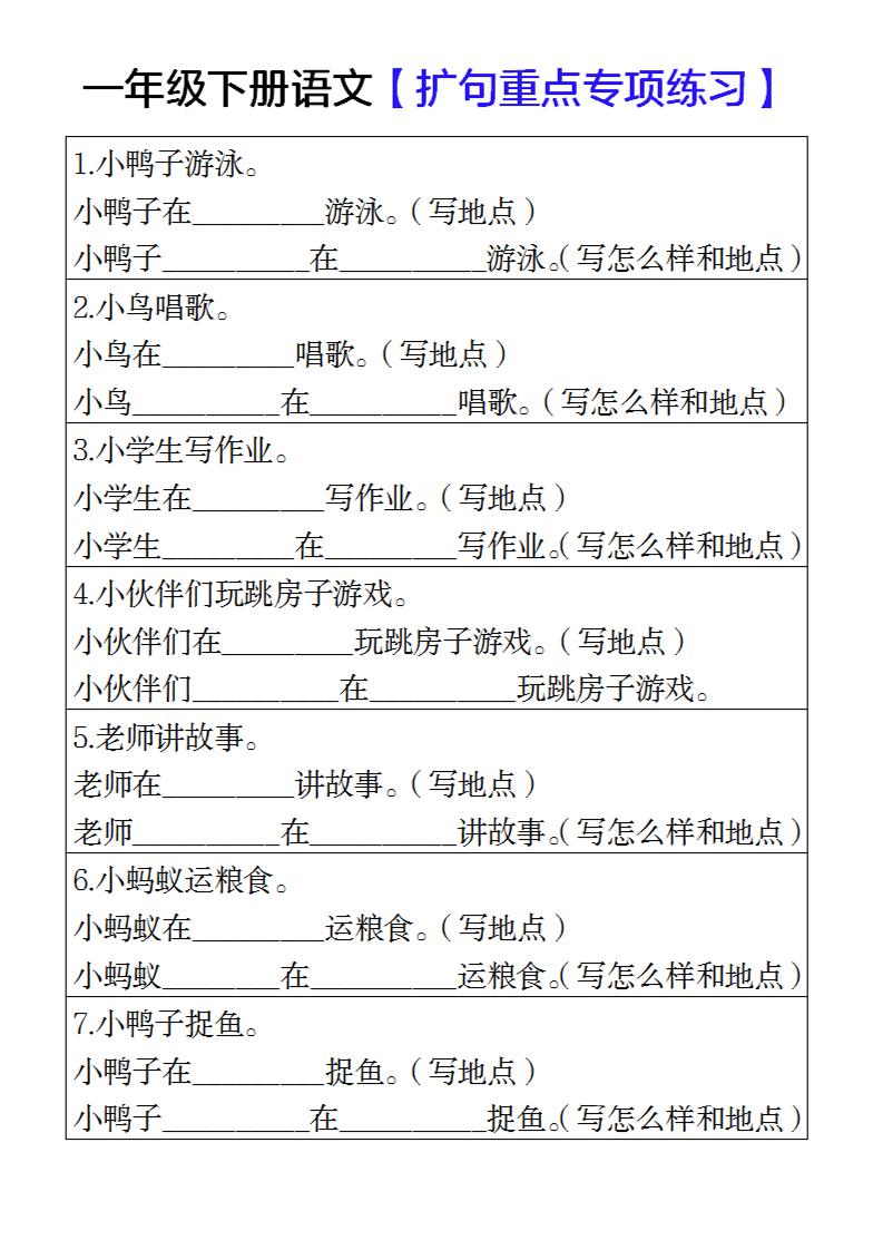 一年级下册语文扩句重点专项练习-皮皮网创
