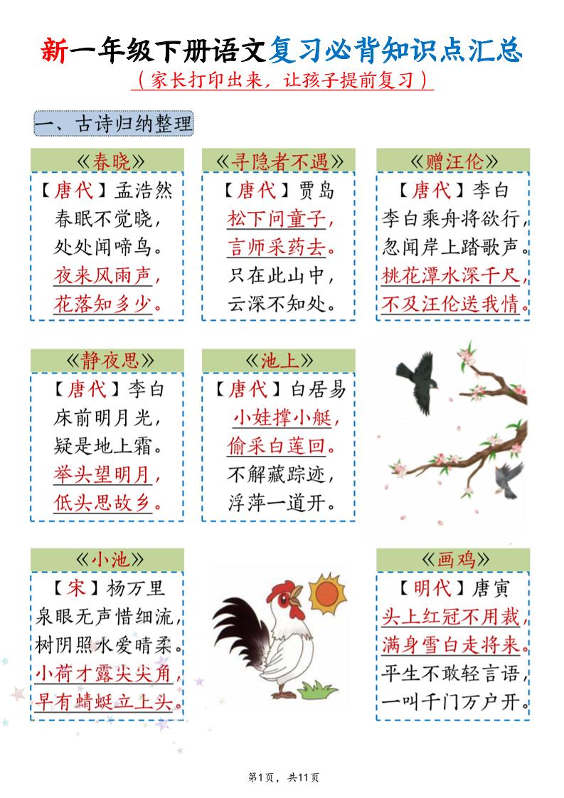 新一年级下册语文复习必背知识点汇总-皮皮网创