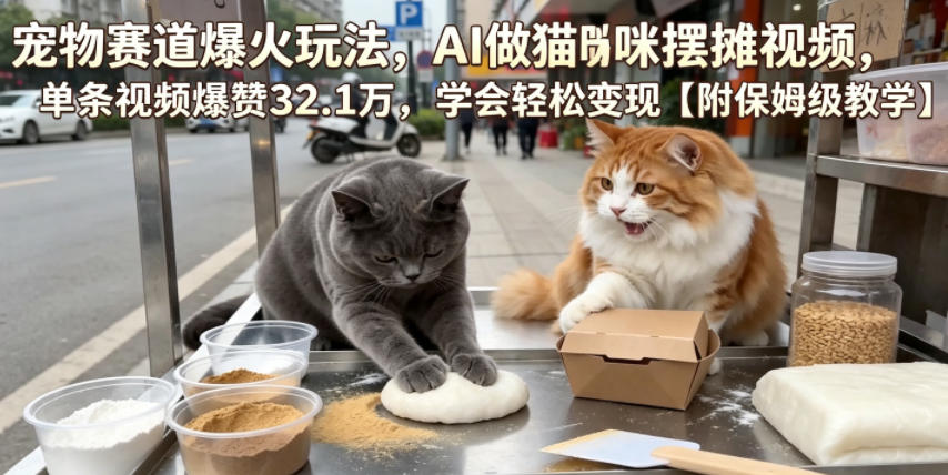 宠物赛道爆火玩法，AI做猫咪摆摊视频，单条视频爆赞32.1万，学会轻松变现【附保姆级教学】-皮皮网创