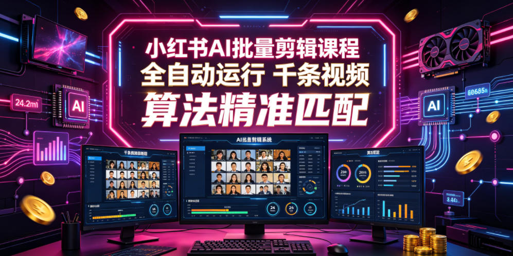 小红书AI批量剪辑课程,24小时全自动运行,解放双手专注运营,千条视频批量处理,小红书算法精准匹配-皮皮网创