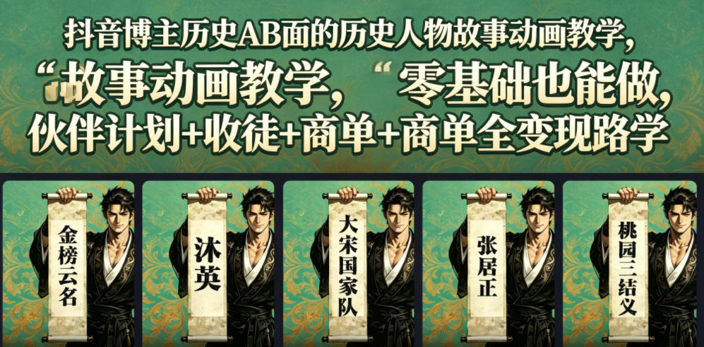 抖音博主历史AB面的历史人物故事动画教学，零基础也能做，伙伴计划+收徒+商单全变现路径教学-皮皮网创