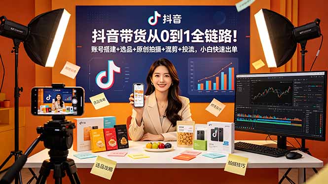 抖音带货从0到1全链路！账号搭建+选品+原创拍摄+混剪+投流，小白快速出单-皮皮网创
