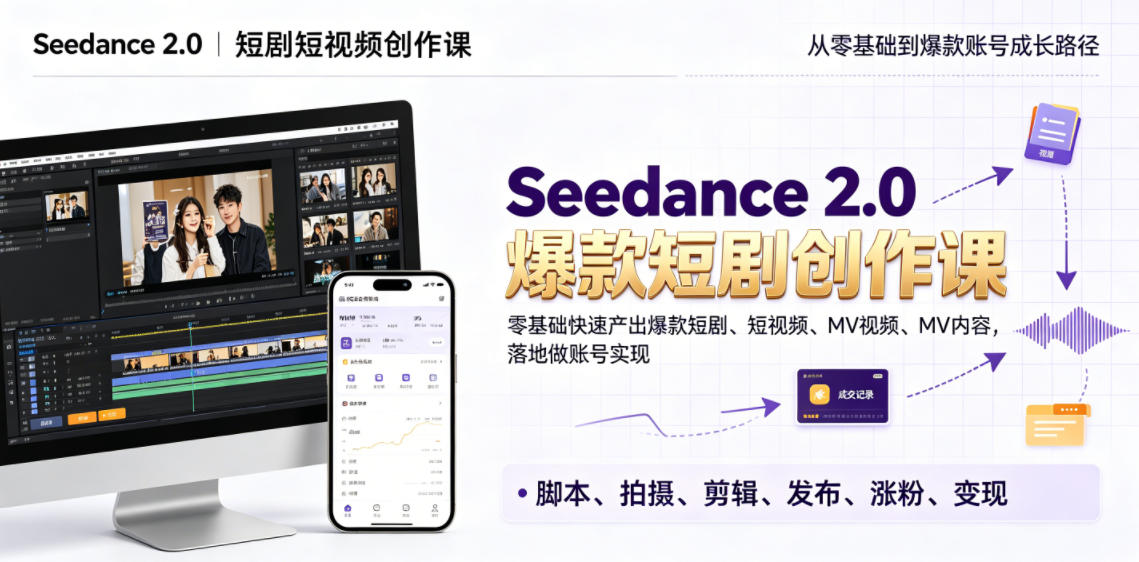Seedance 2.0短剧短视频创作课,零基础快速产出爆款短剧、短视频、MV内容,落地做账号实现变现-皮皮网创