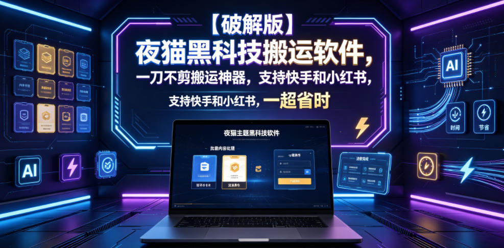 【破解版】夜猫黑科技搬运软件，一刀不剪搬运神器，支持快手和小红书，一键搬运超省时！-皮皮网创