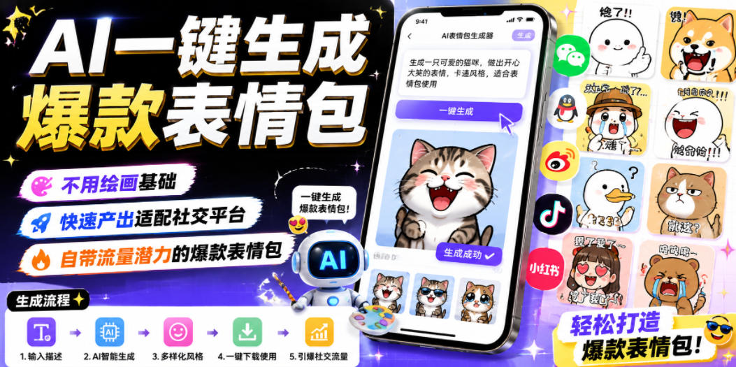 AI一键生成爆款表情包，不用绘画基础，快速产出适配社交平台，自带流量潜力的爆款表情包-皮皮网创