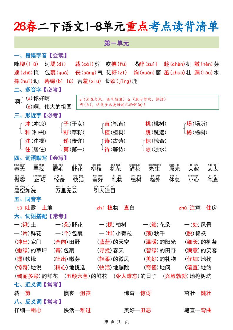 二年级下语文期末复习1-8单元重点考点读背清单-皮皮网创