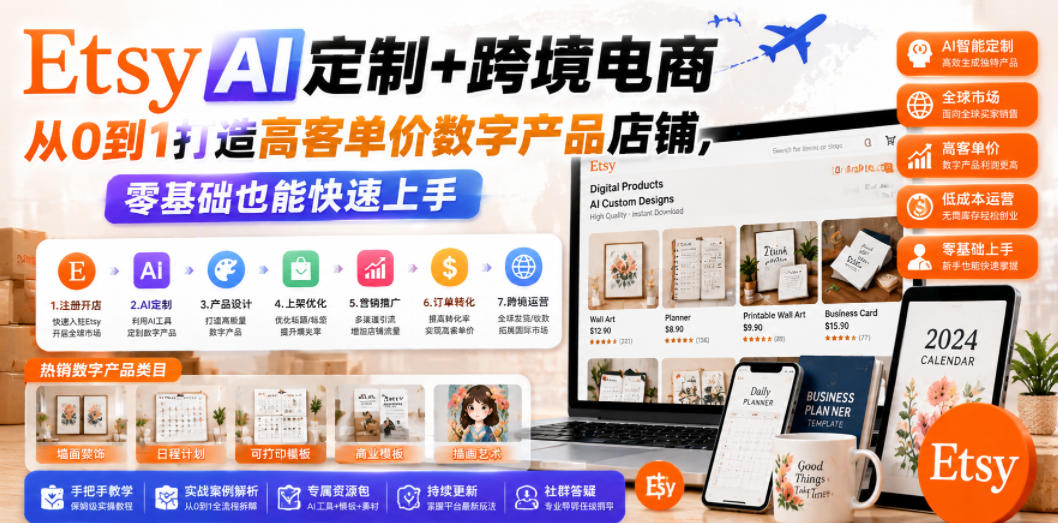 Etsy AI定制+跨境电商,从0到1打造高客单价数字产品店铺,零基础也能快速上手-皮皮网创