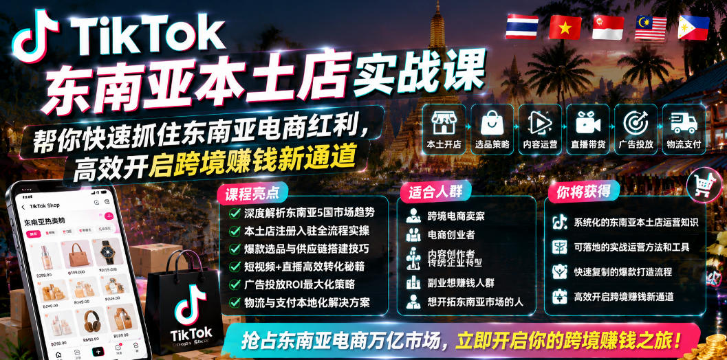 TikTok东南亚本土店实战课,帮你快速抓住东南亚电商红利,高效开启跨境賺钱新通道-皮皮网创