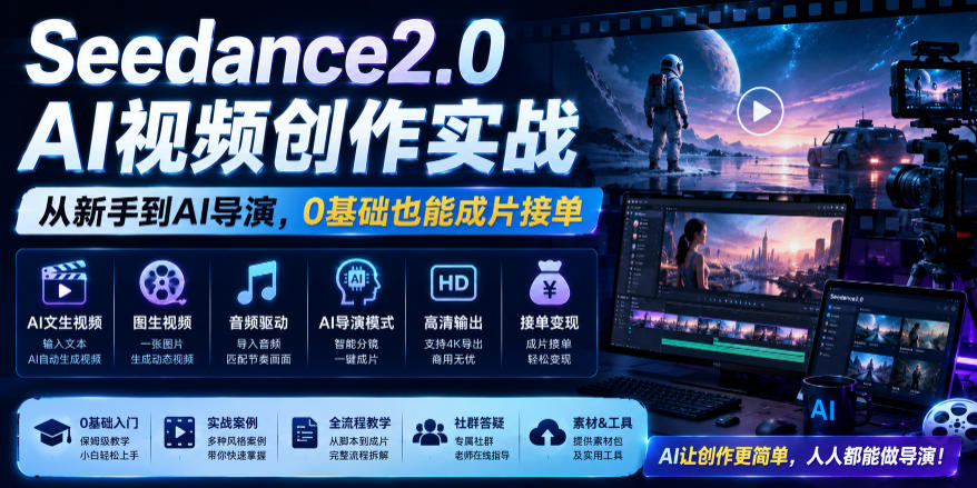 Seedance2.0 AI视频创作实战,从新手到AI导演,0基础也能成片接单变现-皮皮网创
