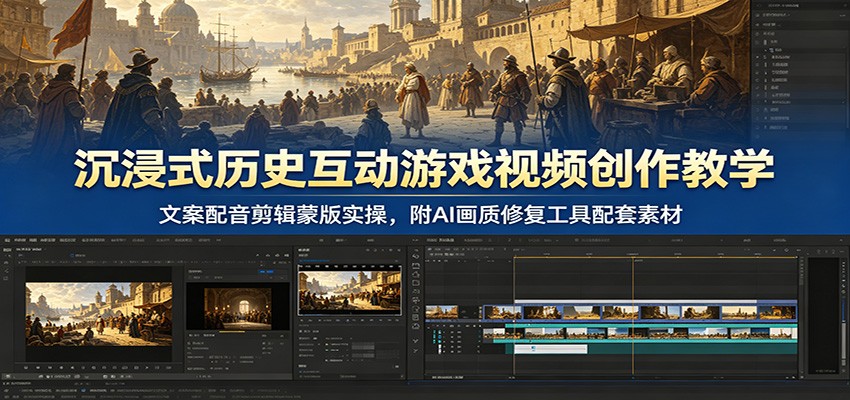 沉浸式历史互动游戏视频创作教学:文案配音剪辑蒙版实操,附AI画质修复工具配套素材-皮皮网创