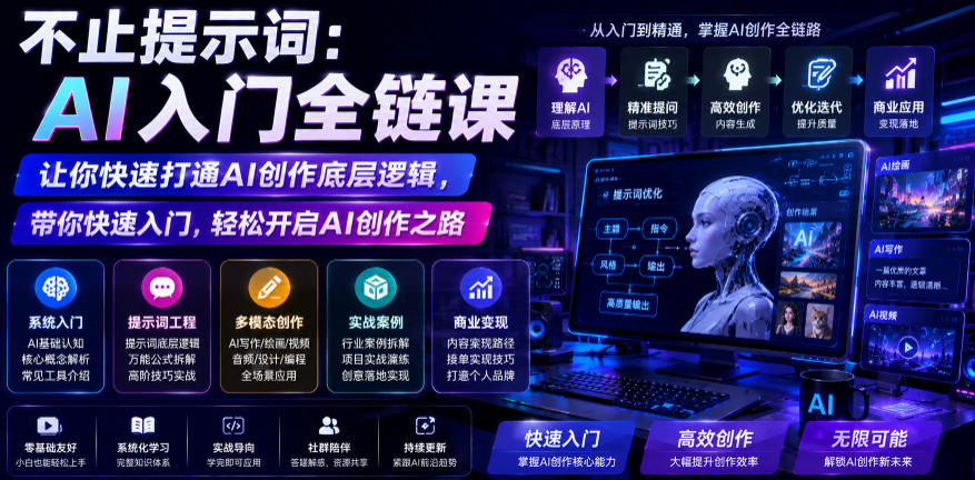 不止提示词:AI入门全链课,让你快速打通AI创作底层逻辑,带你快速入门,轻松开启AI创作之路-皮皮网创