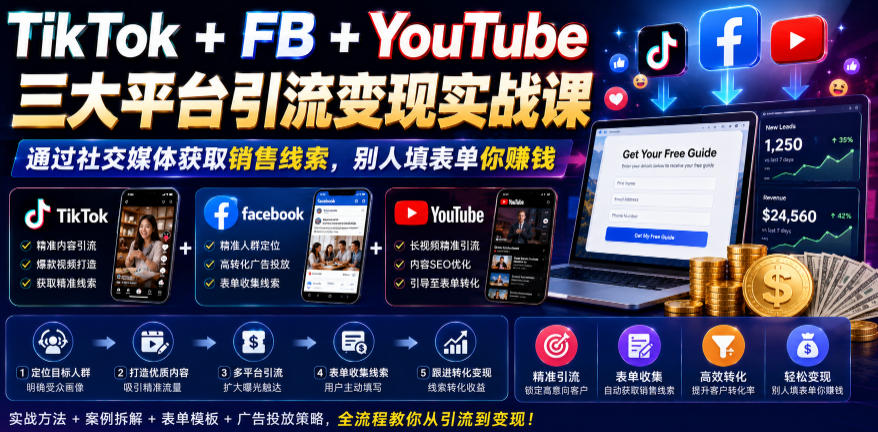 TikTok+FB+YouTube三大平台引流变现实战课,通过社交媒体获取销售线索,别人填表单你賺钱【原创双语字幕】-皮皮网创