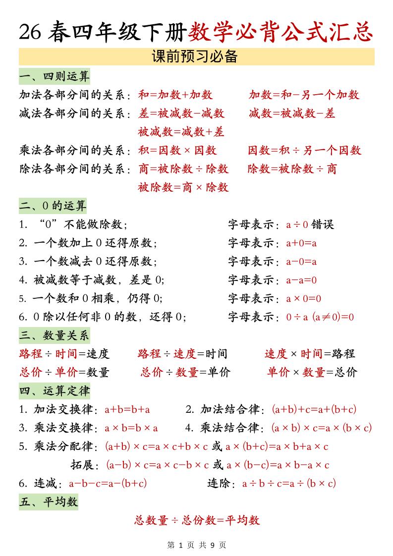 26春四年级下数学期末必背公式汇总-皮皮网创