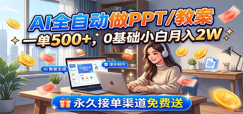 AI全自动做PPT/教案，一单500+，0基础小白月入2W，永久接单渠道免费送-皮皮网创