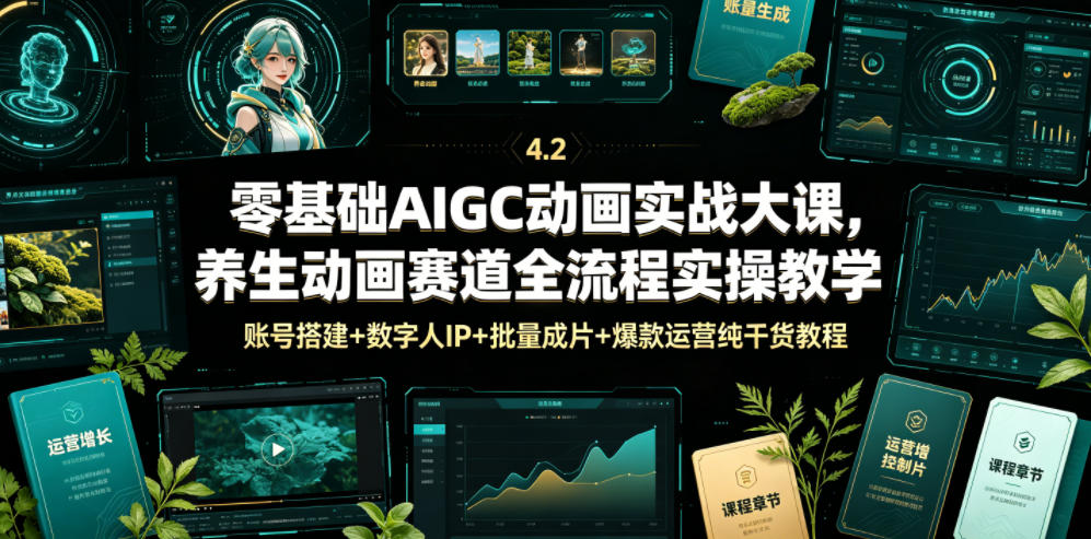 零基础AIGC动画实战大课，养生动画赛道全流程实操教学，账号搭建+数字人IP+批量成片+爆款运营纯干货教程-皮皮网创