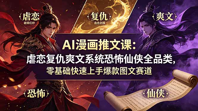 AI漫画推文课：虐恋复仇爽文系统恐怖仙侠全品类，零基础快速上手爆款图文赛道-皮皮网创