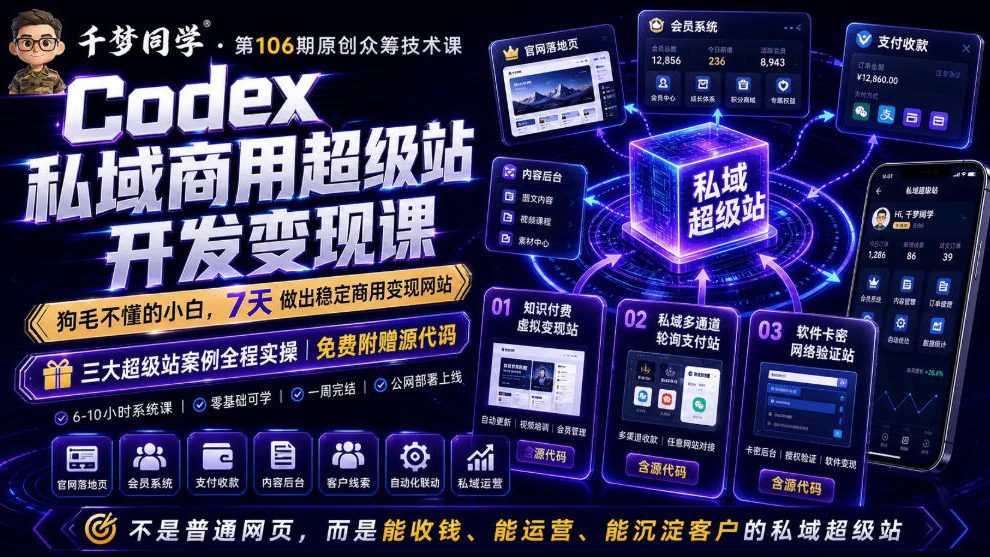 Codex私域商用超级站Ai开发变现课，7天带你从零基础到能自己动手做出能收钱、能运营、能沉淀客户的私域超级站-皮皮网创