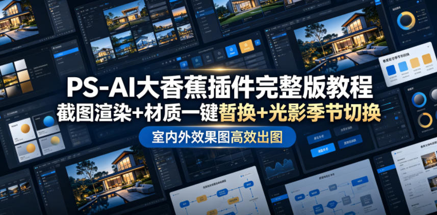 PS-AI大香蕉插件完整版教程，截图渲染+材质一键替换+光影季节切换，室内外效果图高效出图高阶课程-皮皮网创