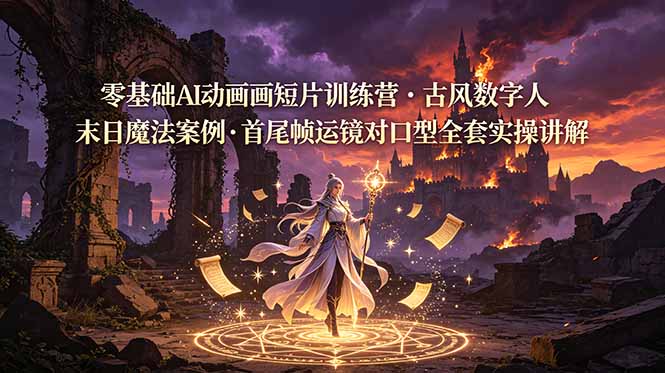 零基础AI动画短片训练营，古风数字人末日魔法案例，首尾帧运镜对口型全套实操讲解-皮皮网创