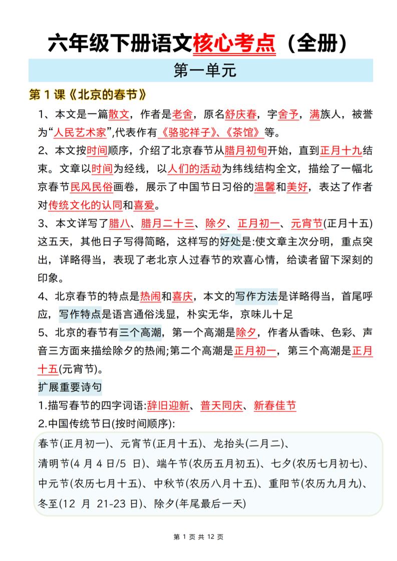 六年级下语文期末全册课文核心考点-皮皮网创