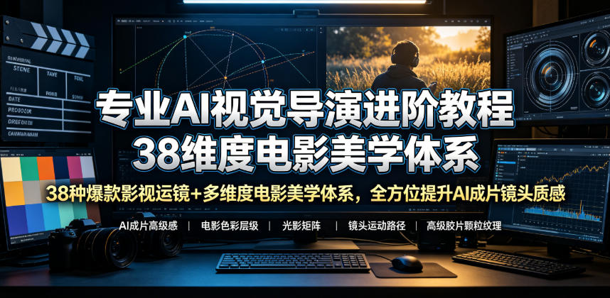 专业AI视觉导演进阶教程，38种爆款影视运镜+多维度电影美学体系，全方位提升AI成片高级感与镜头质感-皮皮网创