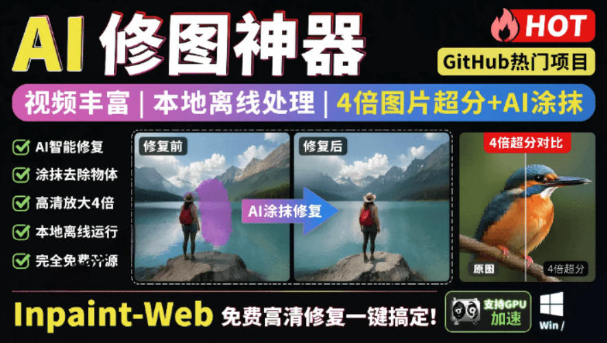 本地离线处理，4倍图片超分+AI涂抹去水印！Github上热门神器，免费高清修复图一键搞定！Inpaint-Web-皮皮网创