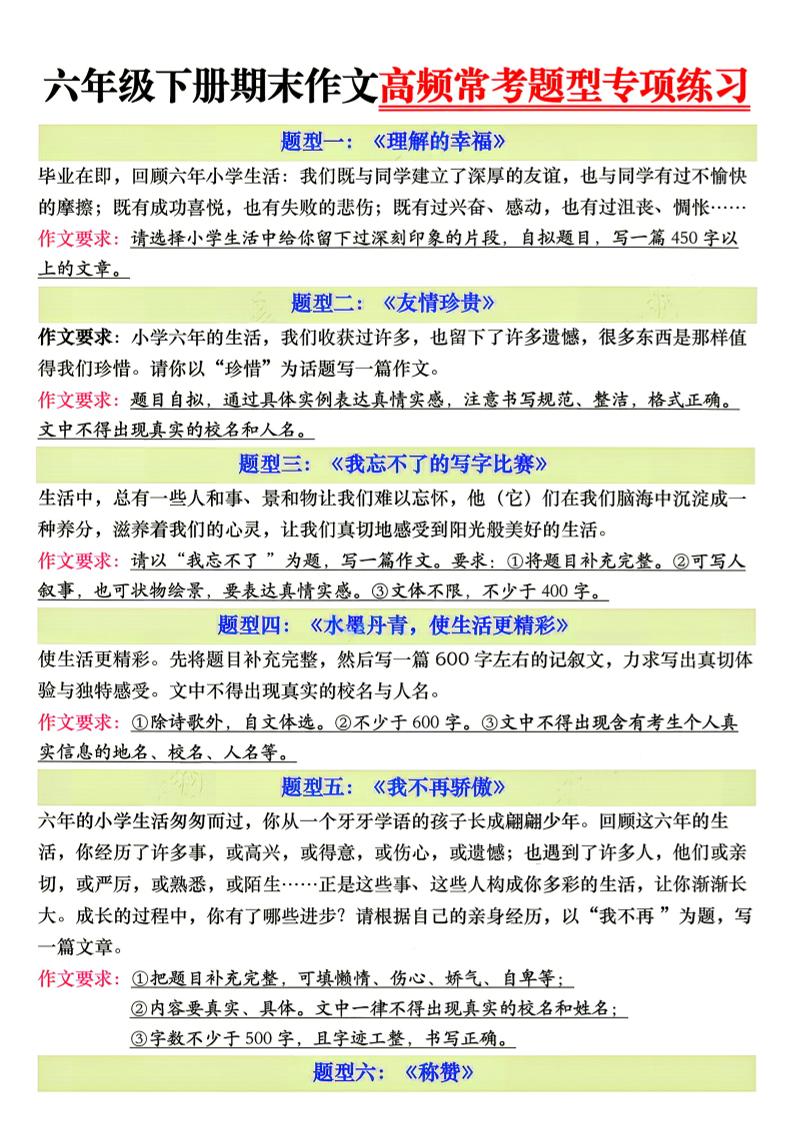 26新六年级下册语文期末作文高频常考题型专项练习-皮皮网创