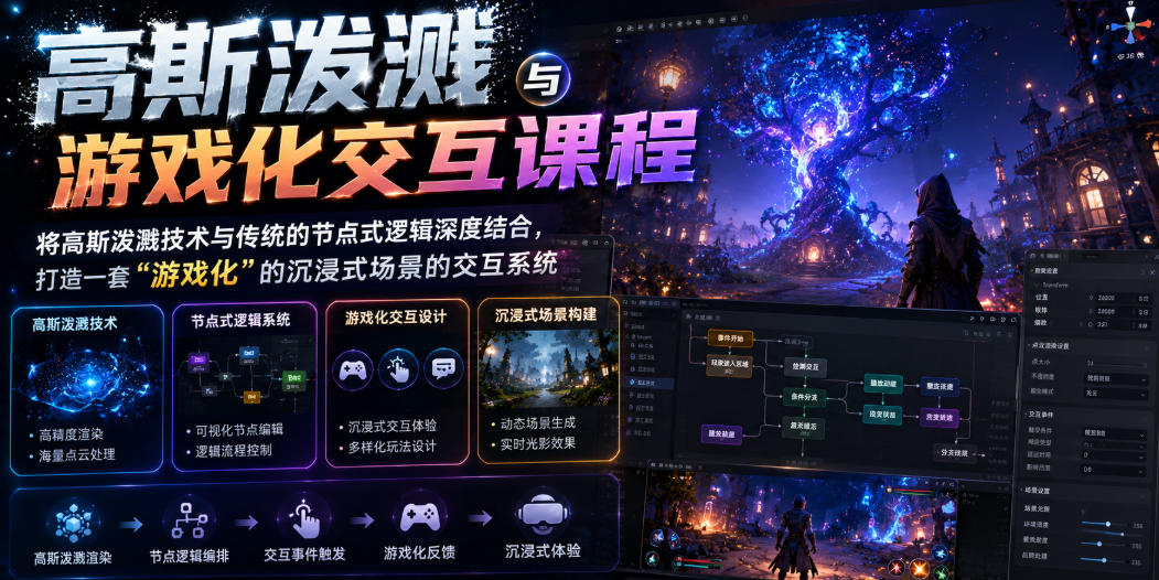 高斯泼溅与游戏化交互课程，将高斯泼溅技术与传统的节点式逻辑深度结合，打造一套“游戏化”的沉浸式场景的交互系统-皮皮网创